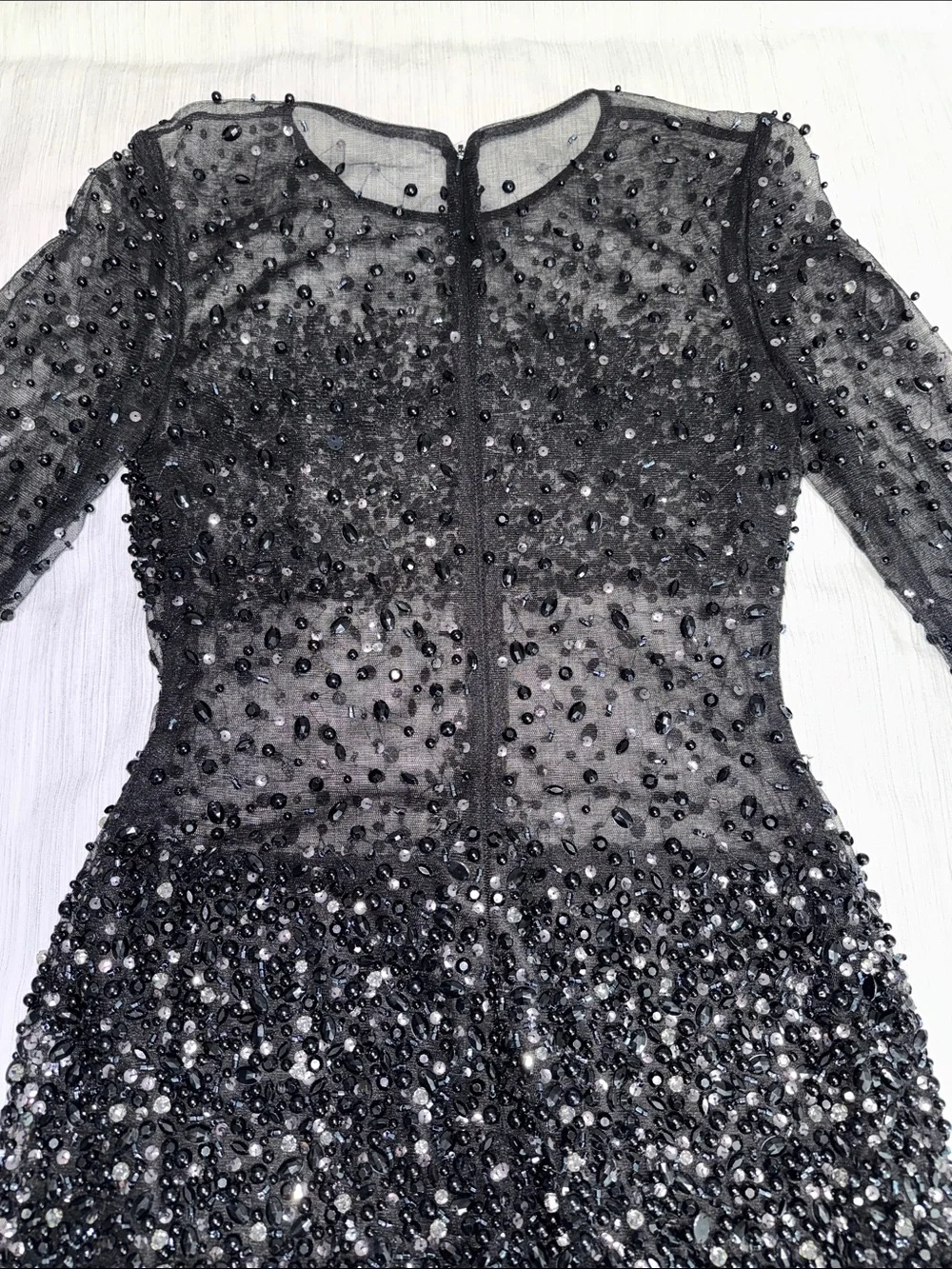 Black Beaded Sheer Mesh Long-Sleeve Mesh Mini Cocktail Dress - Picture 12 of 17